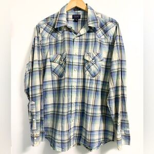 American Eagle Pearl Snap Plaid Shirt Men’s L | Blue Green Western